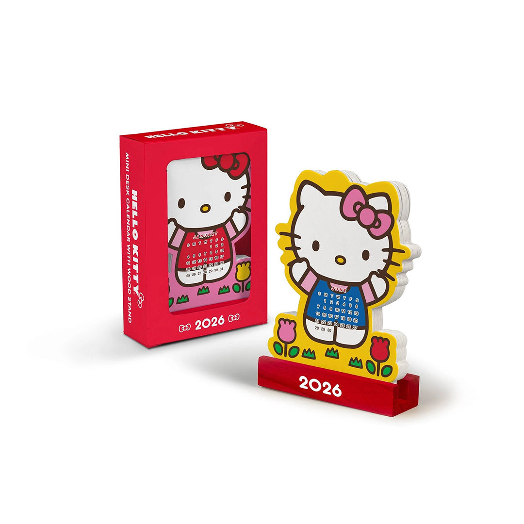 NEW 2026 Hello Kitty Playful Pink Mini Desk Calendar with Wood
