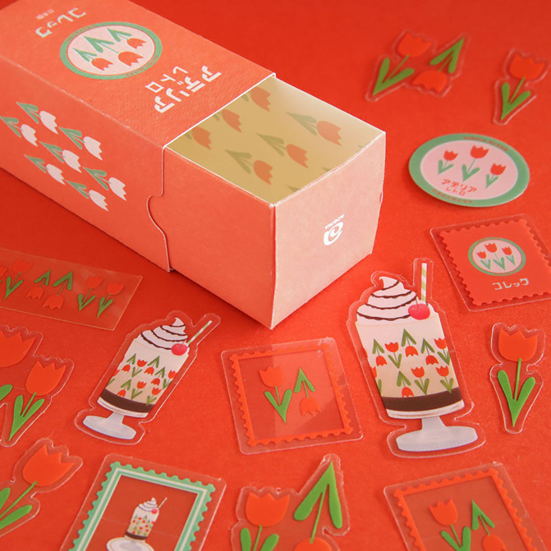 Retro Die Cut Flake Stickers - Red Tulips