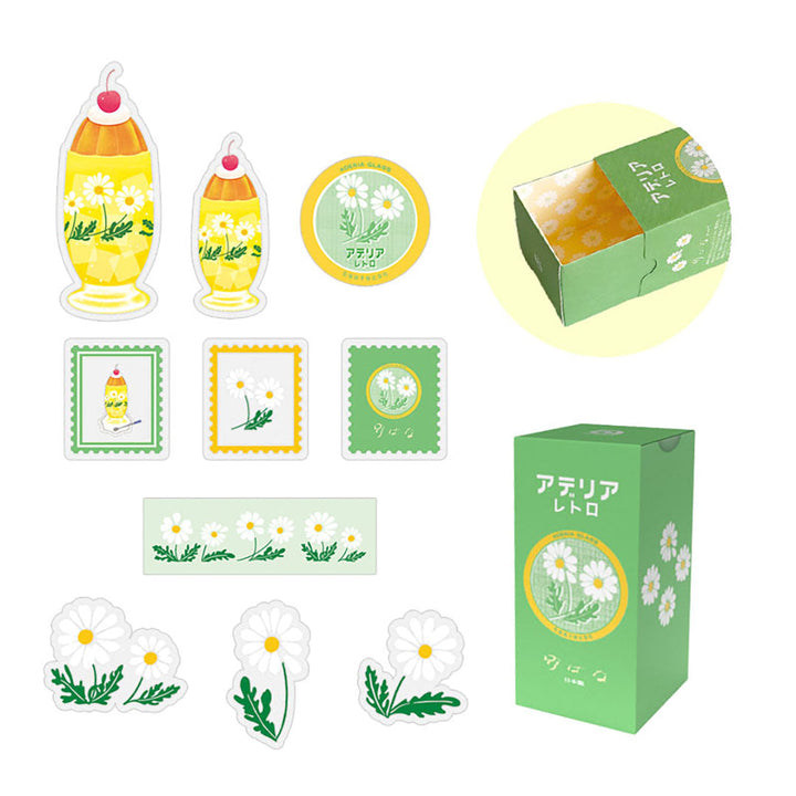 Retro Die Cut Flake Stickers - White Flowers