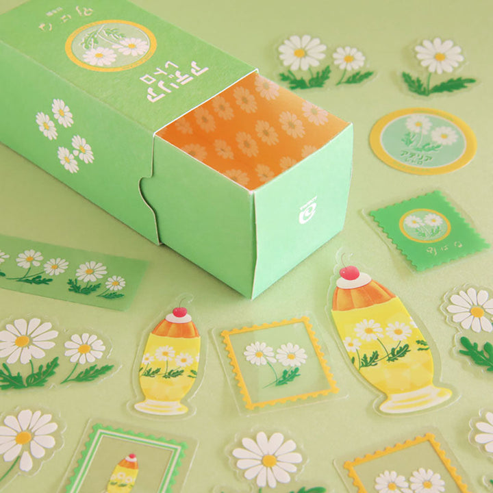 Retro Die Cut Flake Stickers - White Flowers