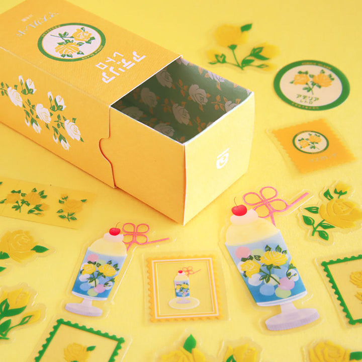 Retro Die Cut Flake Stickers - Yellow Roses
