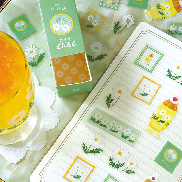 Retro Die Cut Flake Stickers - White Flowers