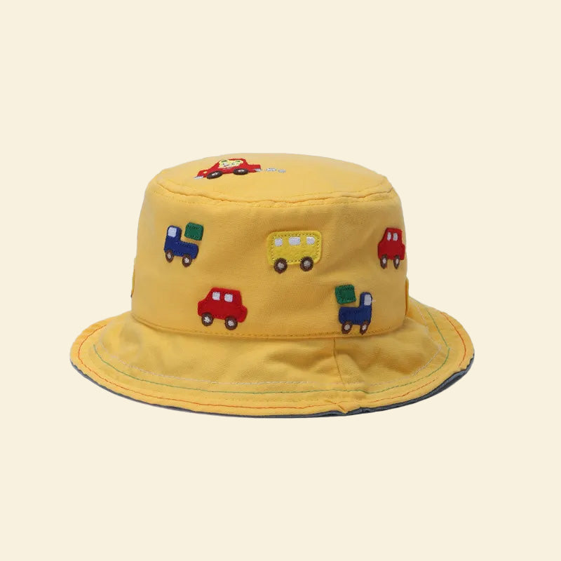 NEW Kids Canvas Bucket Hat- Yellow Embroidered Cars