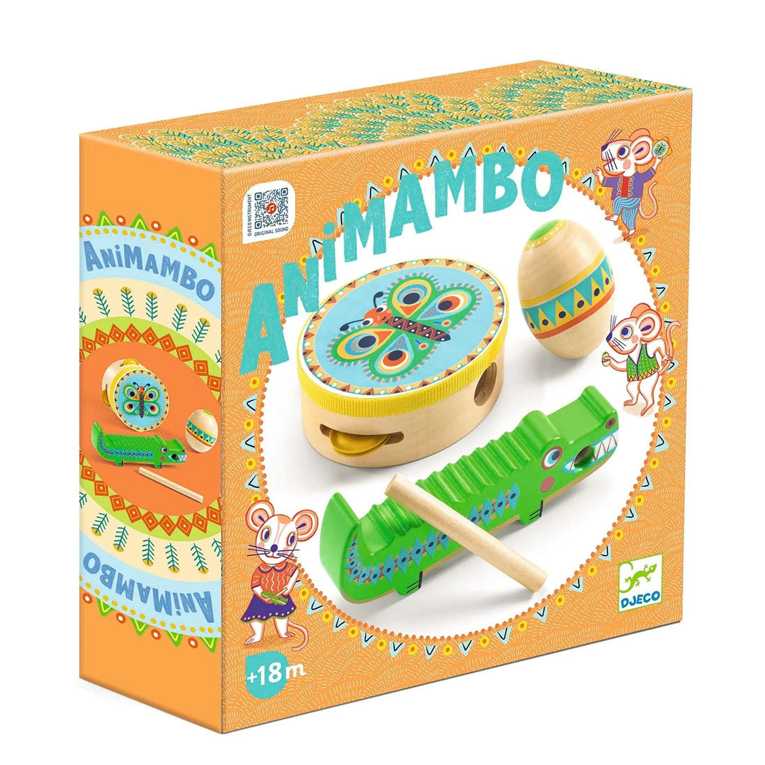 Animambo Set of Three Musical Kit - Tambourine, Maracas, Guiro Instrument Set