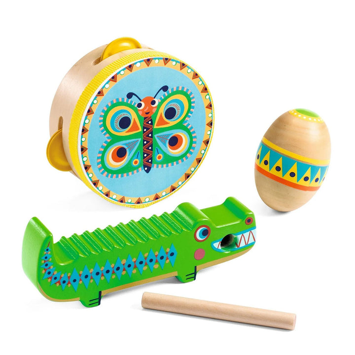 Animambo Set of Three Musical Kit - Tambourine, Maracas, Guiro Instrument Set