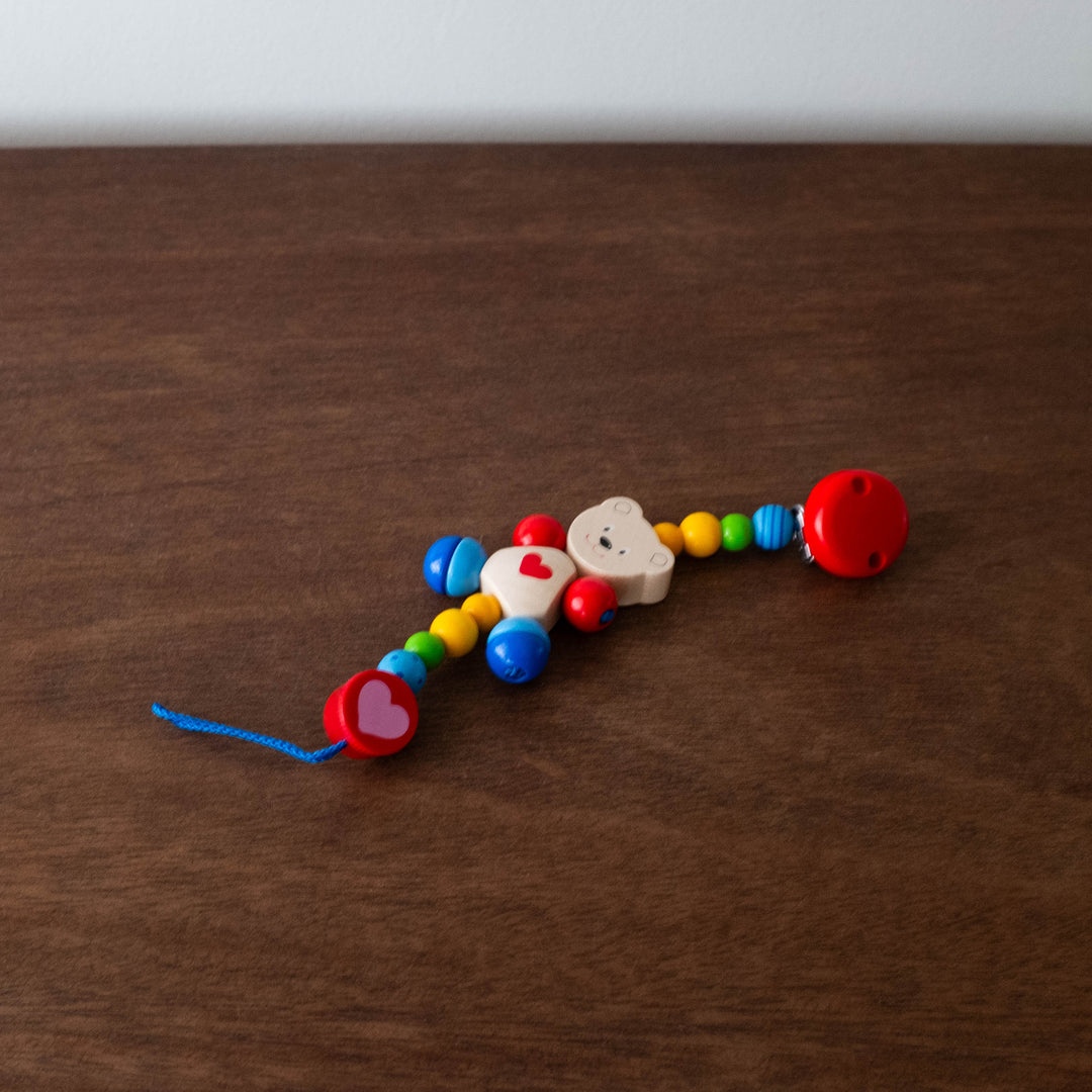 NEW Wooden Beaded Soother Teether Clip- Teddy Bear Rainbow