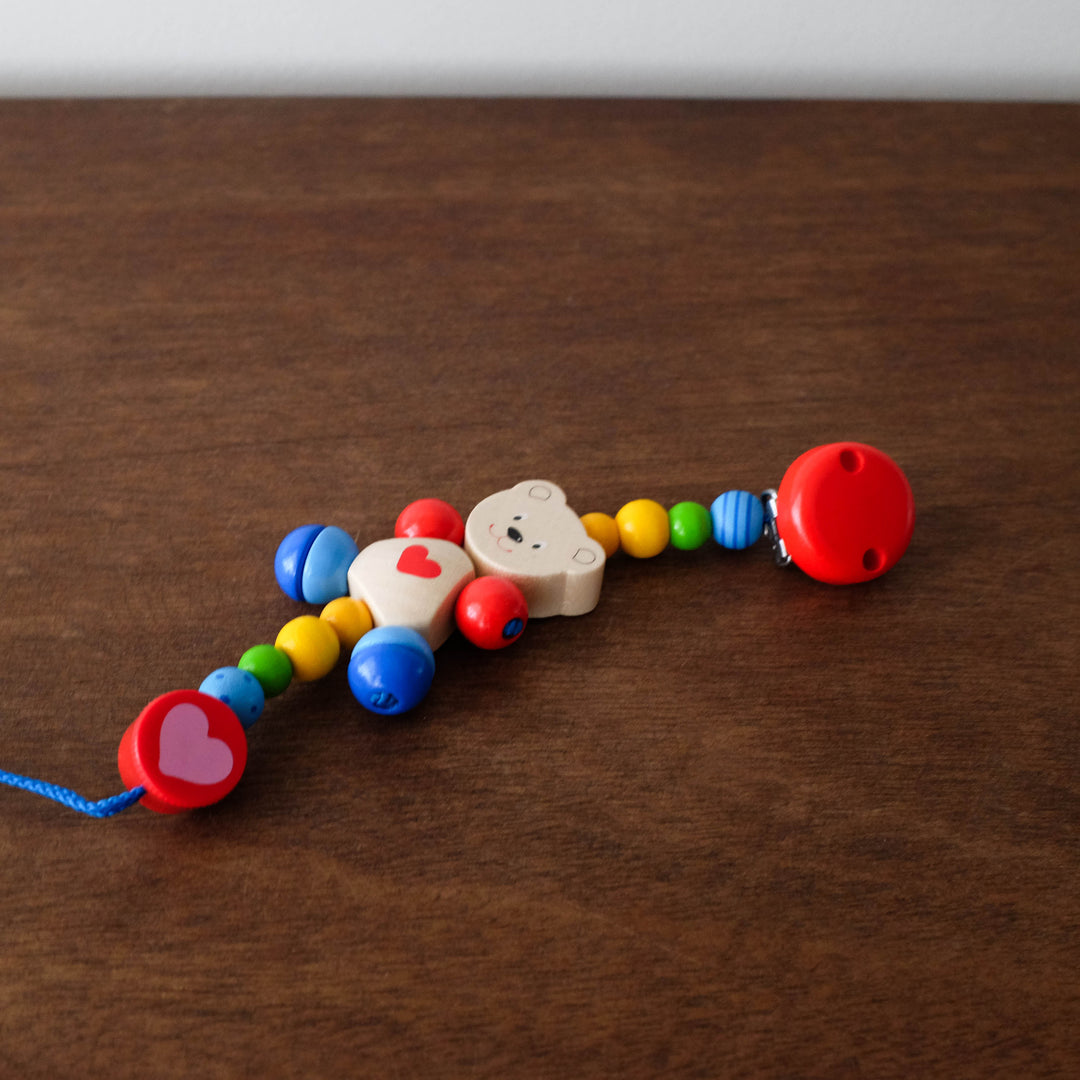 NEW Wooden Beaded Soother Teether Clip- Teddy Bear Rainbow