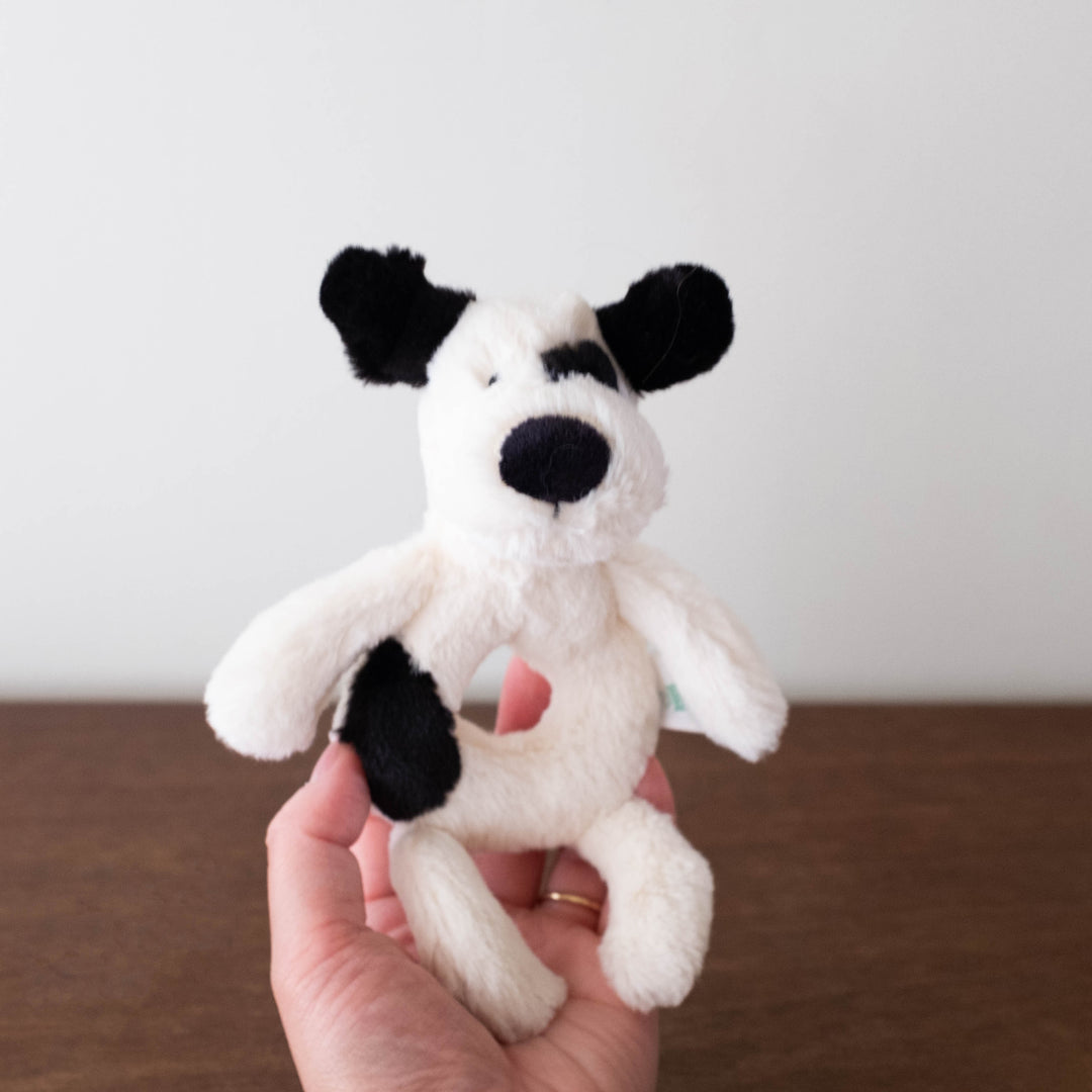 Bashful Black and Cream Puppy Rattle