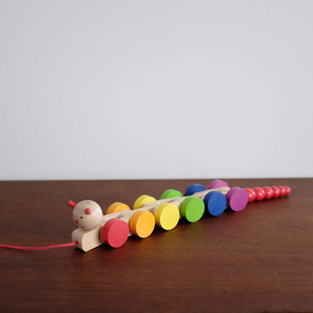 NEW Rainbow Wooden Caterpillar Pull Toy