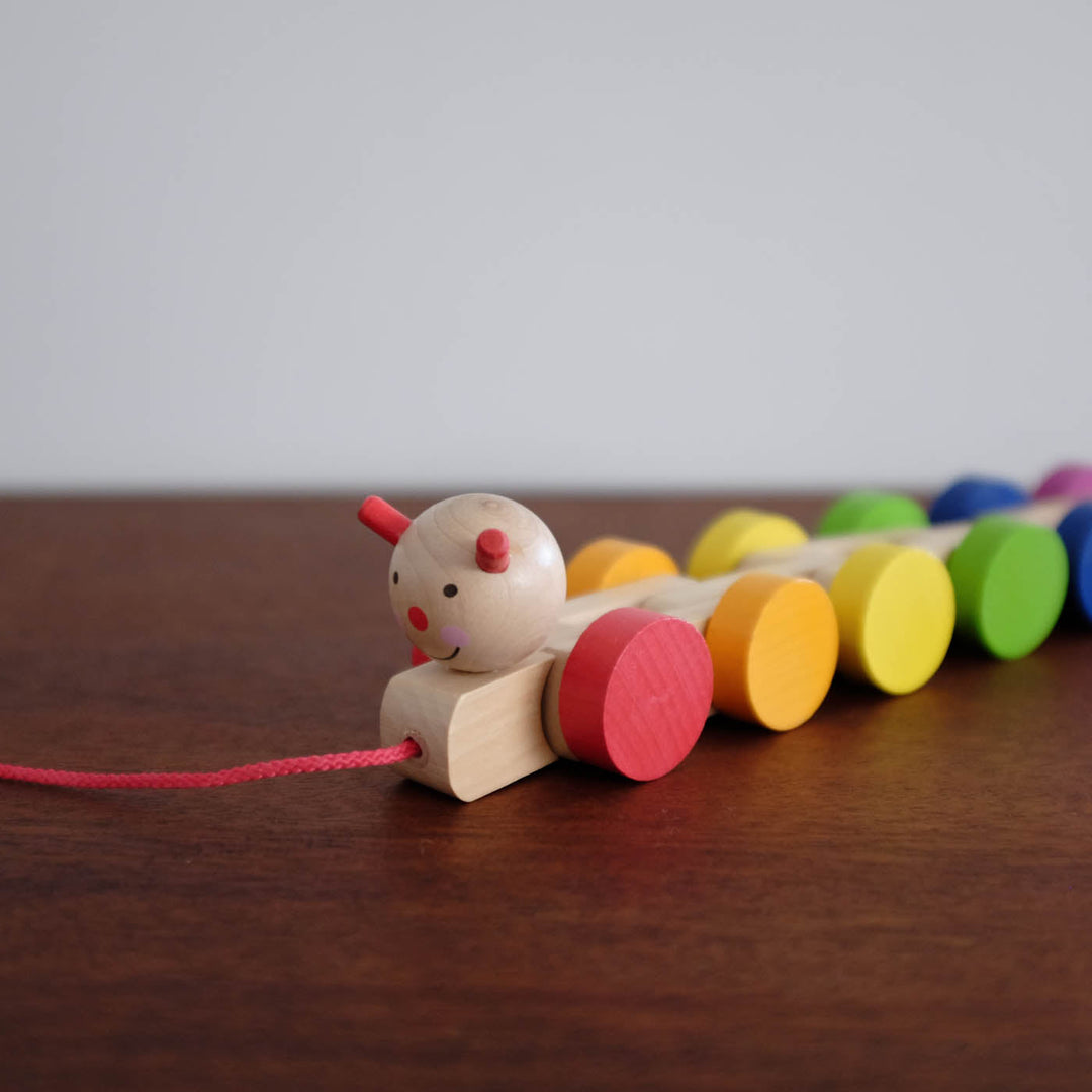 NEW Rainbow Wooden Caterpillar Pull Toy