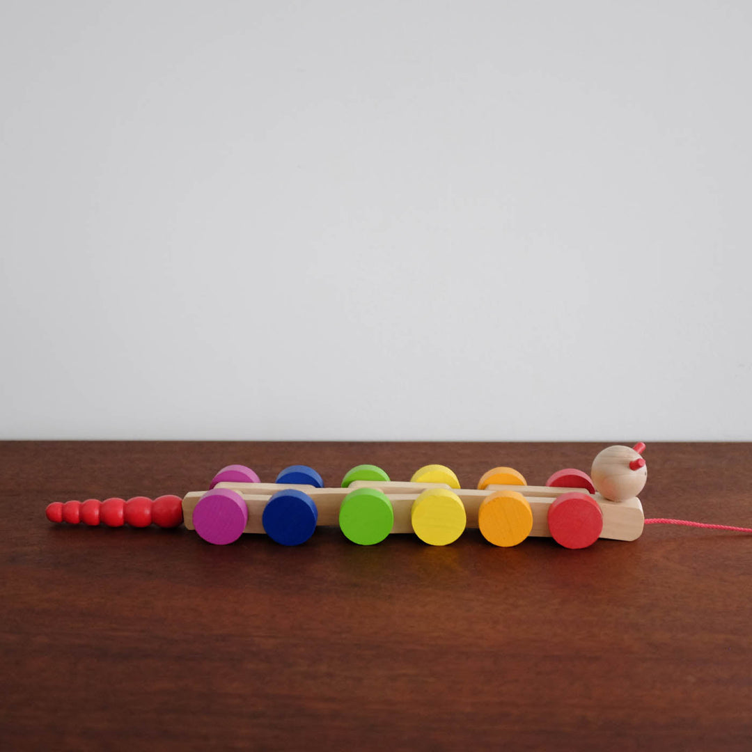 NEW Rainbow Wooden Caterpillar Pull Toy