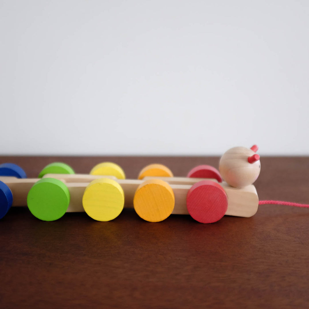 NEW Rainbow Wooden Caterpillar Pull Toy