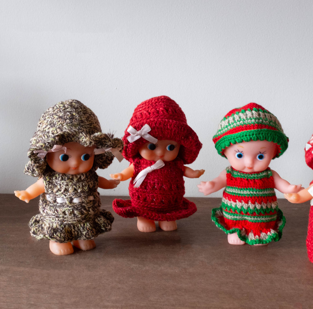 VINTAGE Kewpie Japanese Doll- Knit Outfits - Warm Colors 6"