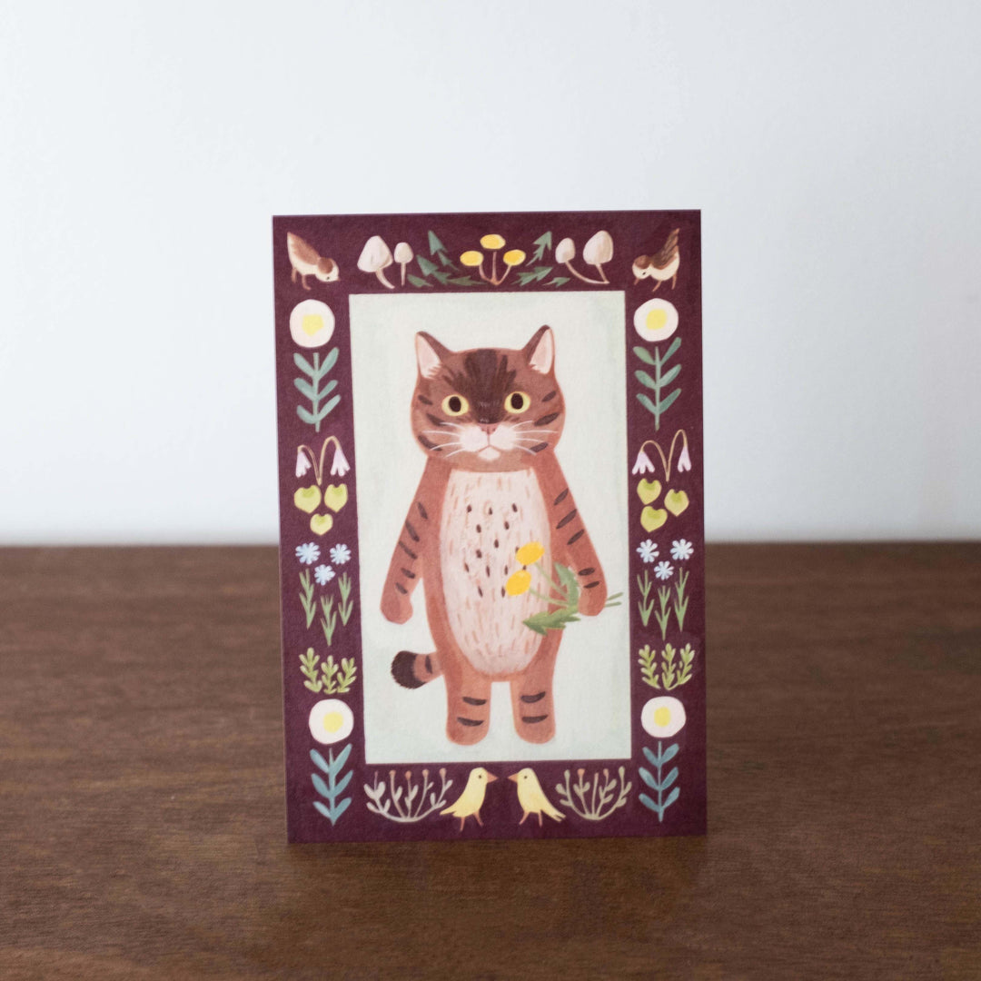 NEW Japanese Watercolor Illustration Postcard- Brown Kitty