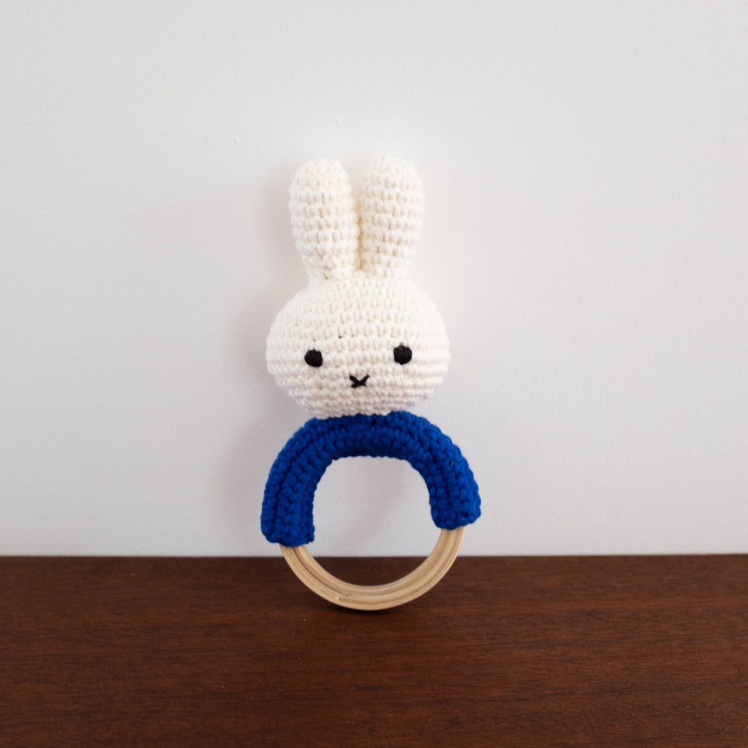 NEW Miffy Handmade Crochet Wooden Rattle- Royal Blue