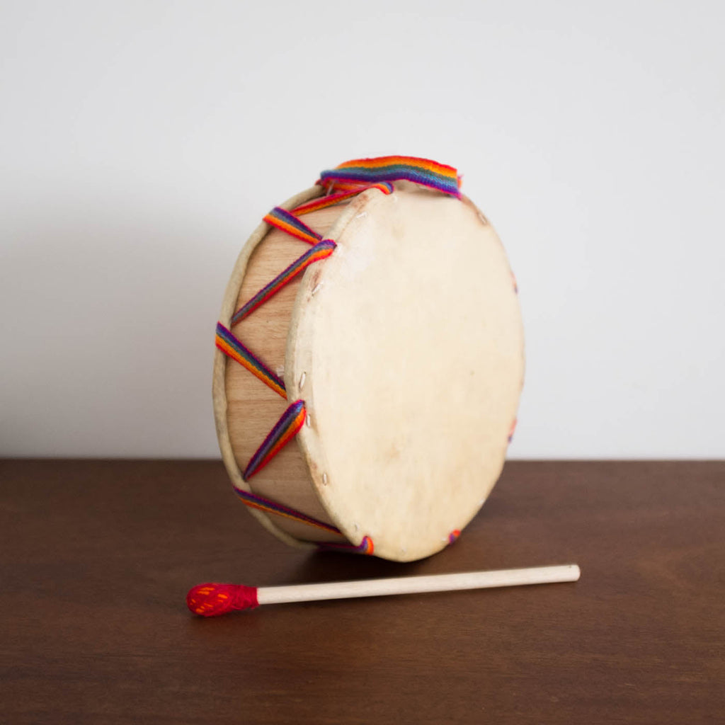 NEW Peruvian Wooden Large Drum with Rainbow Band