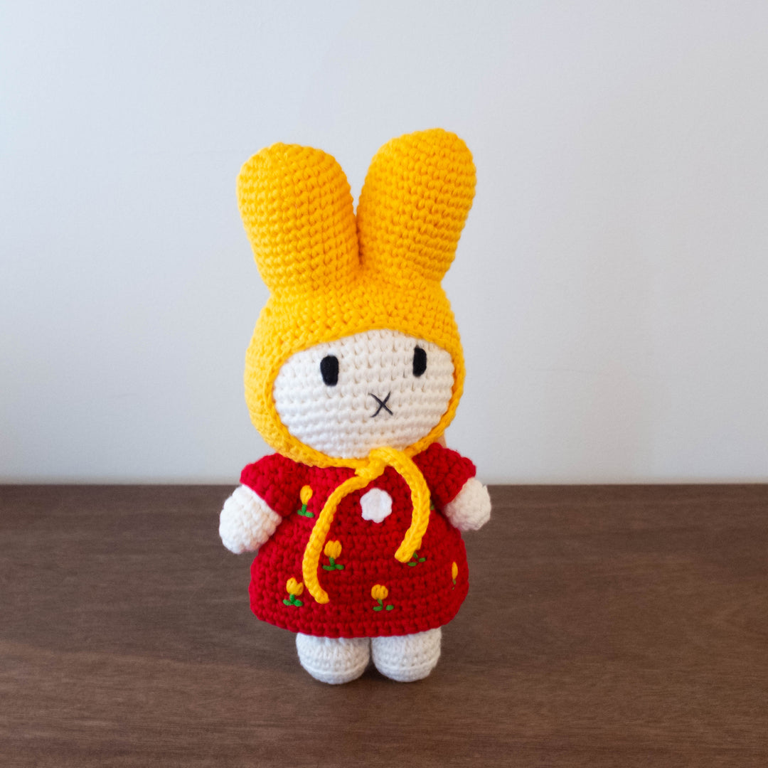 NEW Miffy Handmade Crochet Doll- Yellow Hat with Red Tulip Dress