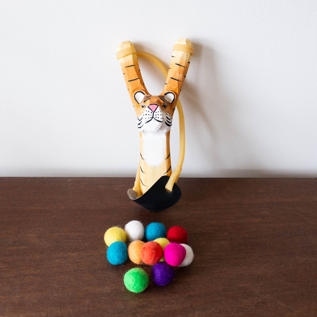 NEW Wooden Slingshot Set- Tiger with Felt Balls