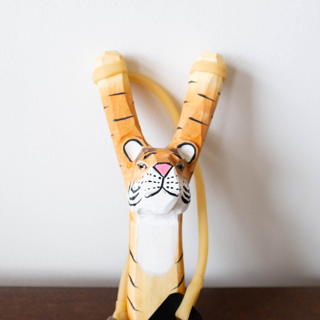 NEW Wooden Slingshot Set- Tiger with Felt Balls