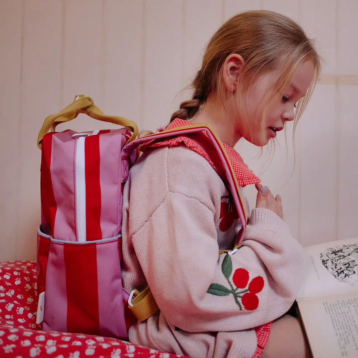 Medium Backpack Bag - Stripes- Red Apple + Rosebay Pink