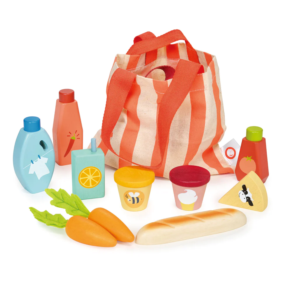 Striped Grocery Bag with Groceries