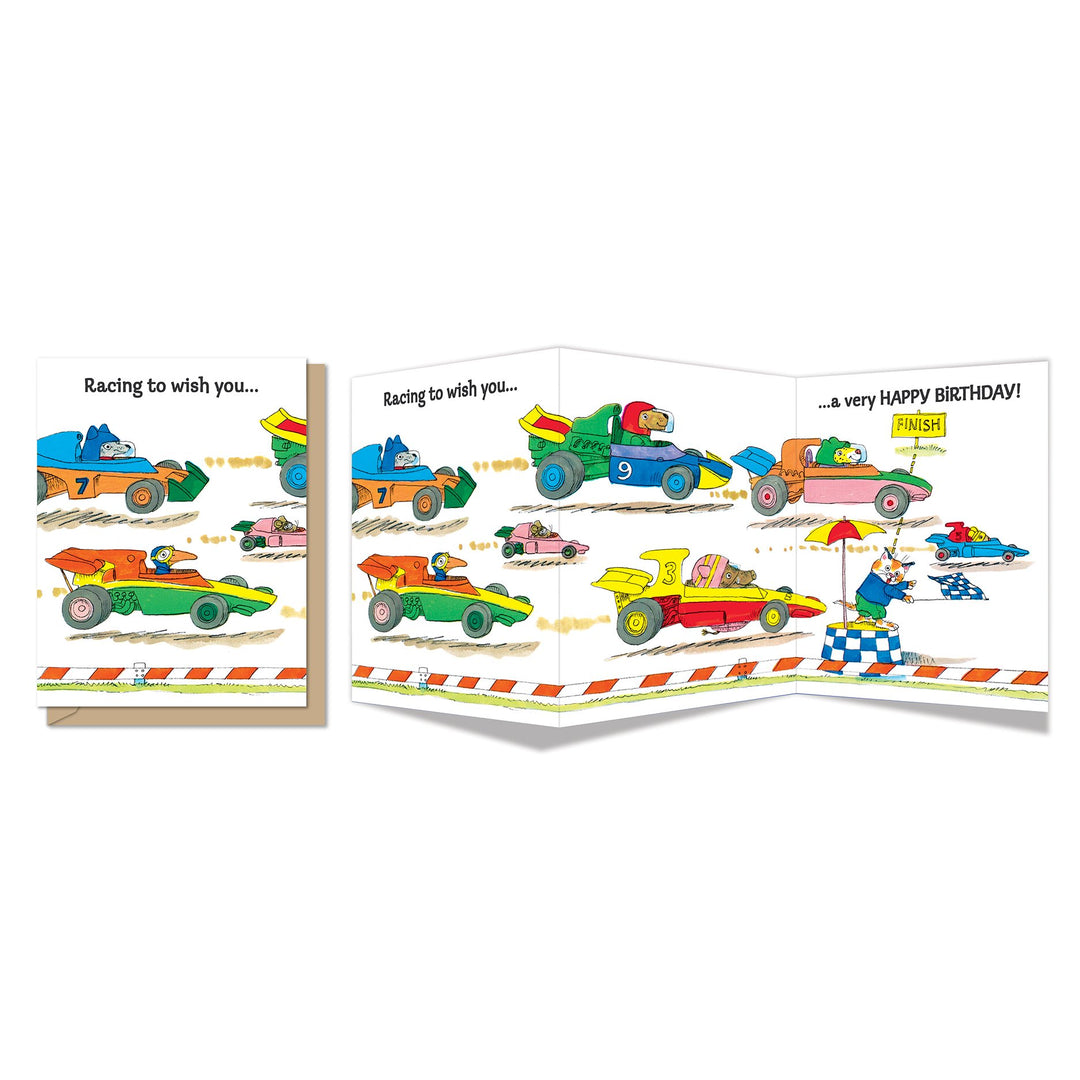 Richard Scarry Greeting Card- Racing Birthday Party Tri- Fold