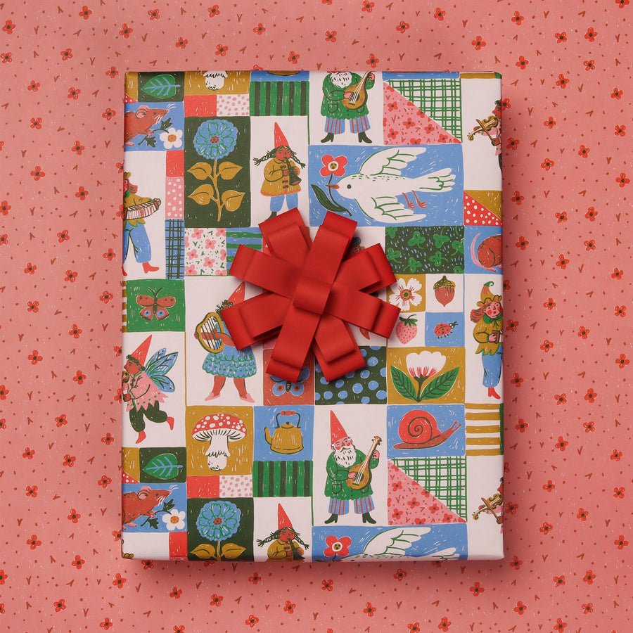 NEW Patchwork Gnomes Mushroom Gift Wrapping Paper- Single Sheet