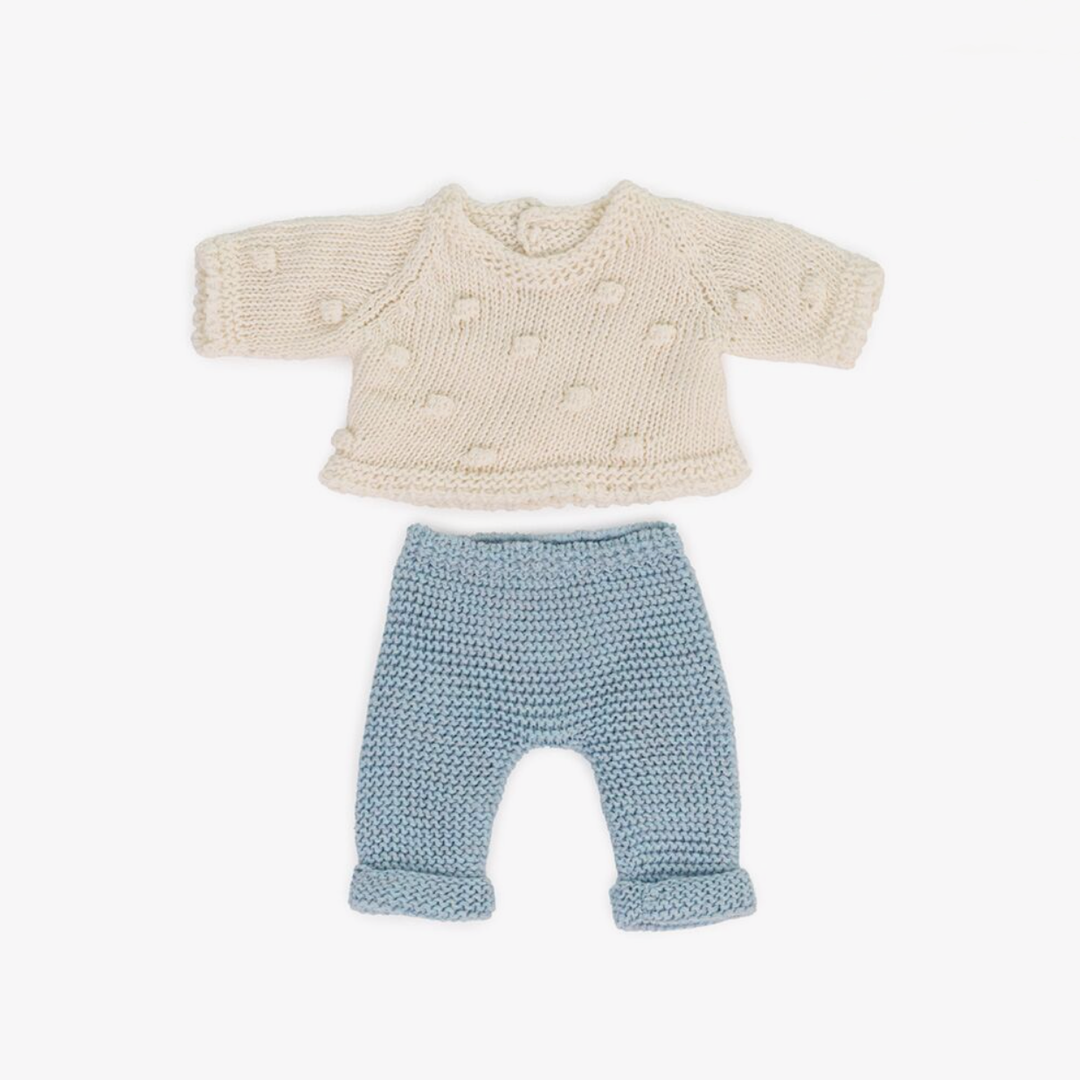 Doll Clothing: Cream Top and Blue Pants Knit Sweater & Trousers Set 8 1/4"