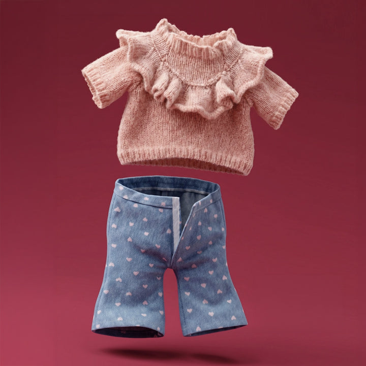 Lucky Kitty Plush Clothing Set: Sweet Denim Hearts