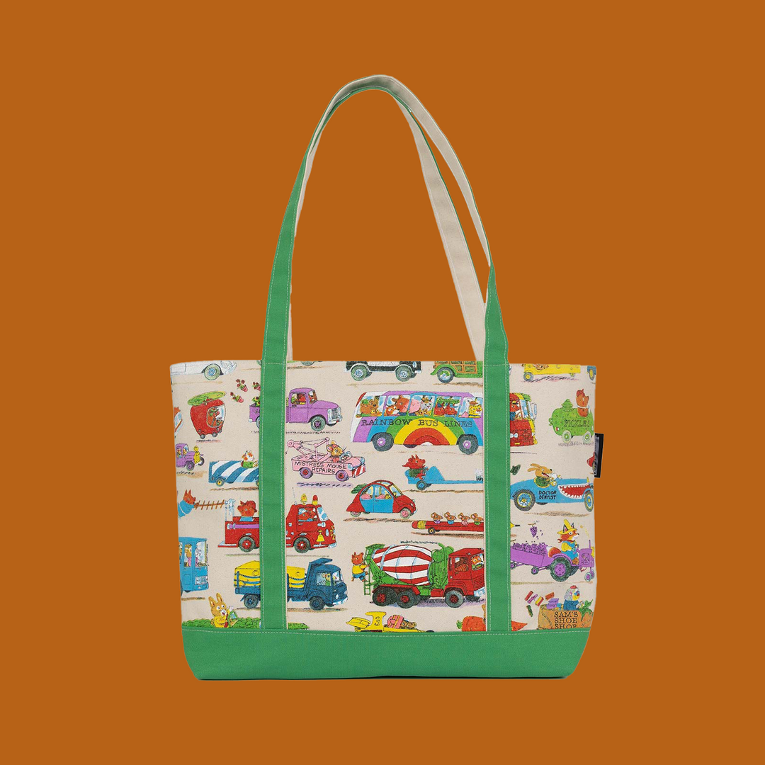 NEW 50th Anniversary Double Sided Canvas BOAT TOTE BAG- Richard Scarry Cars and Trucks that Go