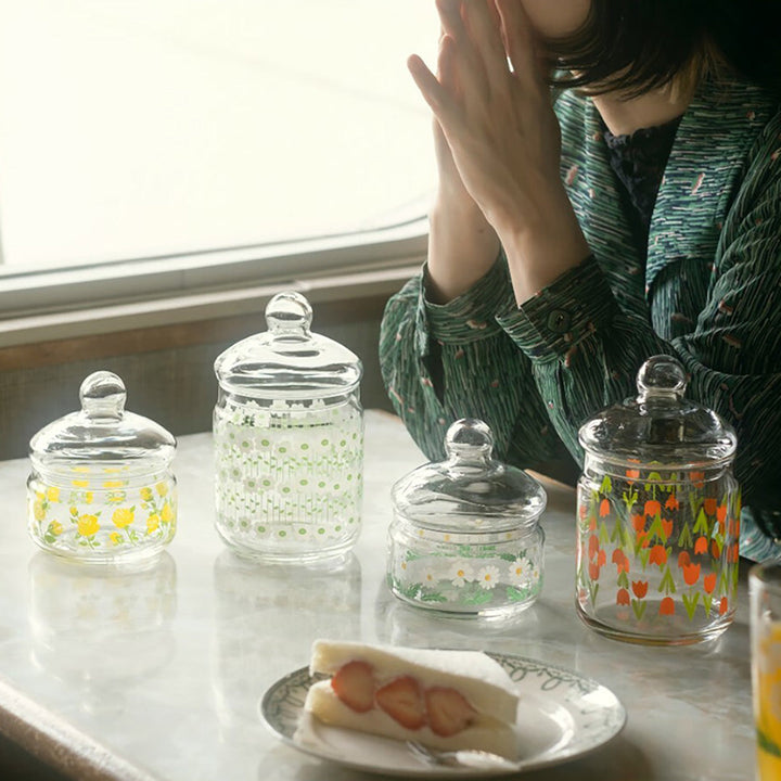 Retro Glass Storage Jar Glass Lid - White Flower