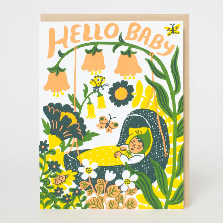 Phoebe Wahl Hello Baby Yellow Bassinet Greeting Card