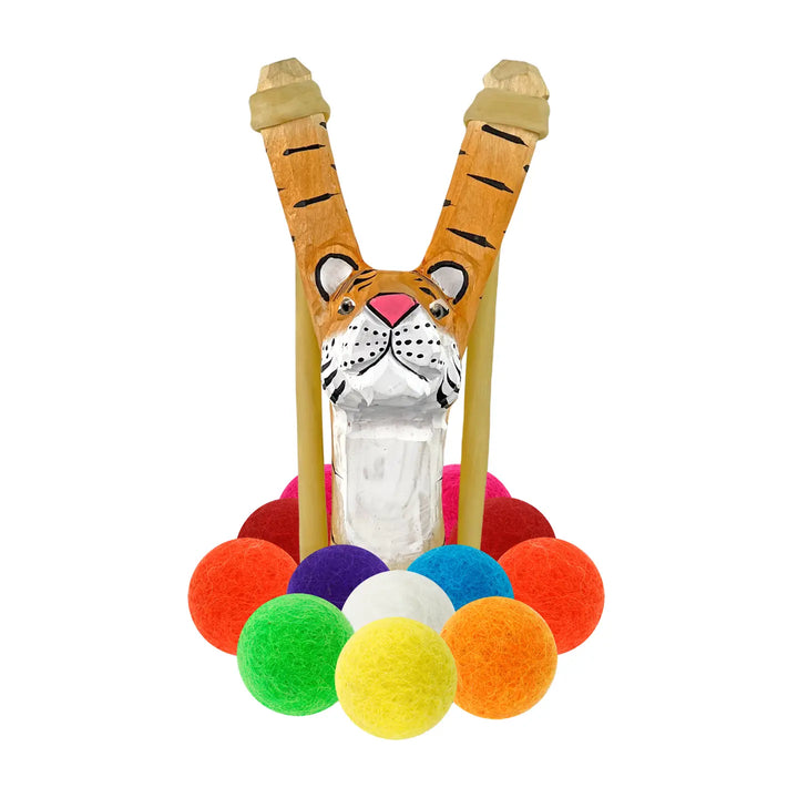 NEW Wooden Slingshot Set- Tiger with Felt Balls