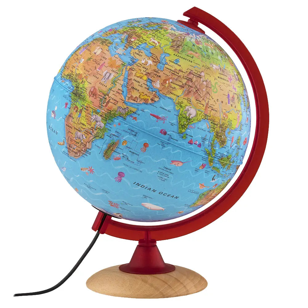Classic Globe Light Lamp- Red with Wood
