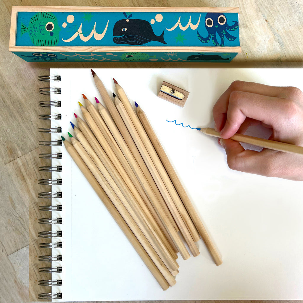 Wooden Pencil Box with Pencils- Ocean Love