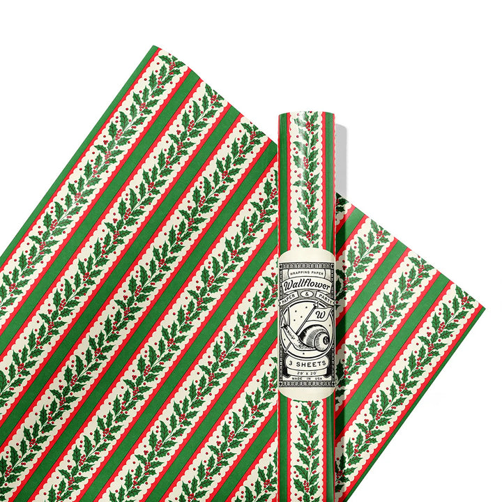 Holly Stripe Wrapping Paper- Roll of 3 Sheets