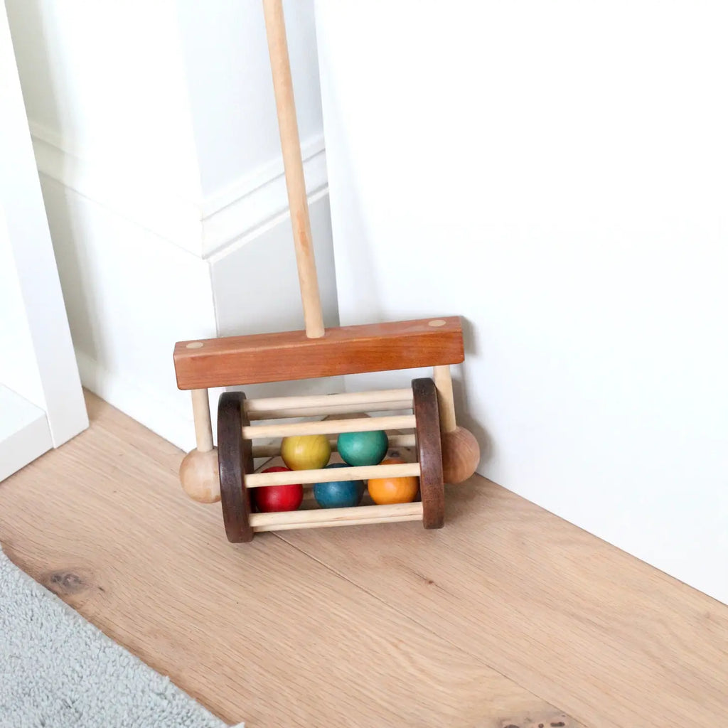 Walnut and Cherry Wooden Lawnmower Push Toy