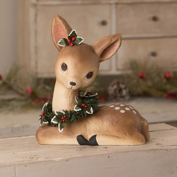 Sweet Fawn With Wreath Paper Mache