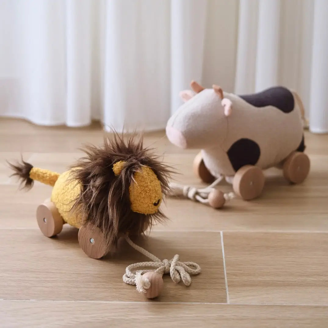 Baby Lion Pull Toy with Wooden Wheels