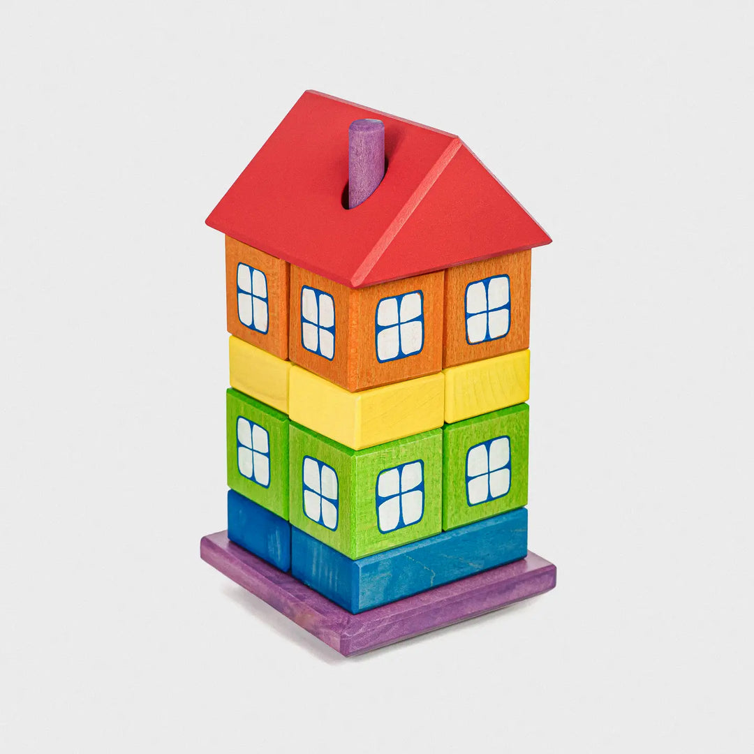 Handmade Wooden House with Rainbow Blocks