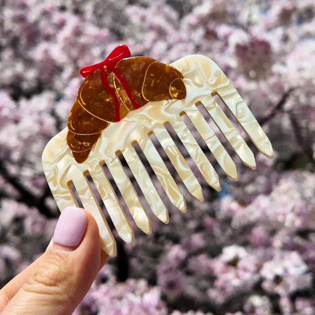 Hand-painted Croissant Bow Pocket Hair Comb
