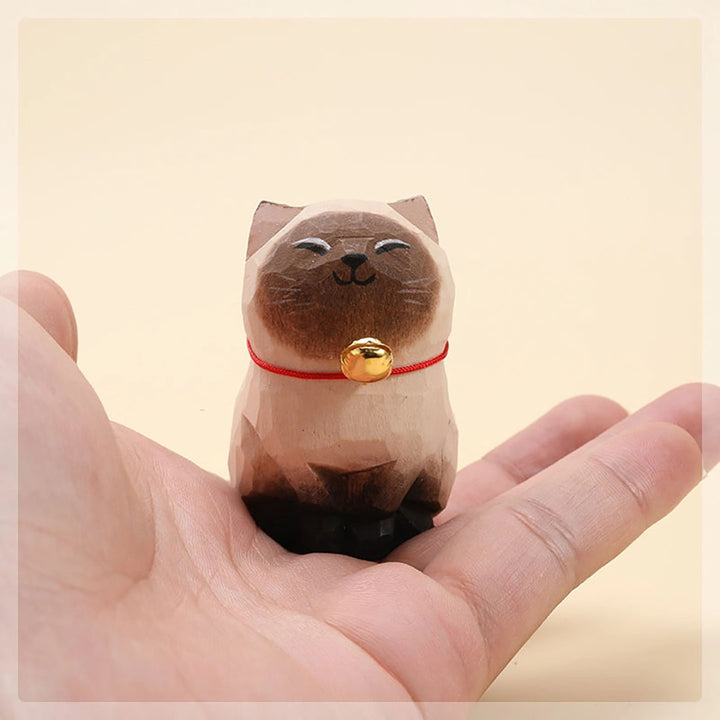 Handmade Wooden Animal- Siamese Cat with Bell