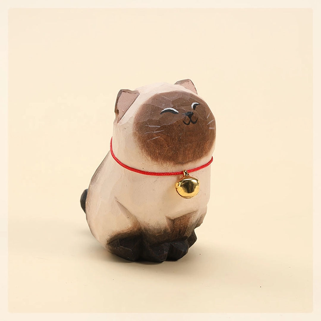 Handmade Wooden Animal- Siamese Cat with Bell