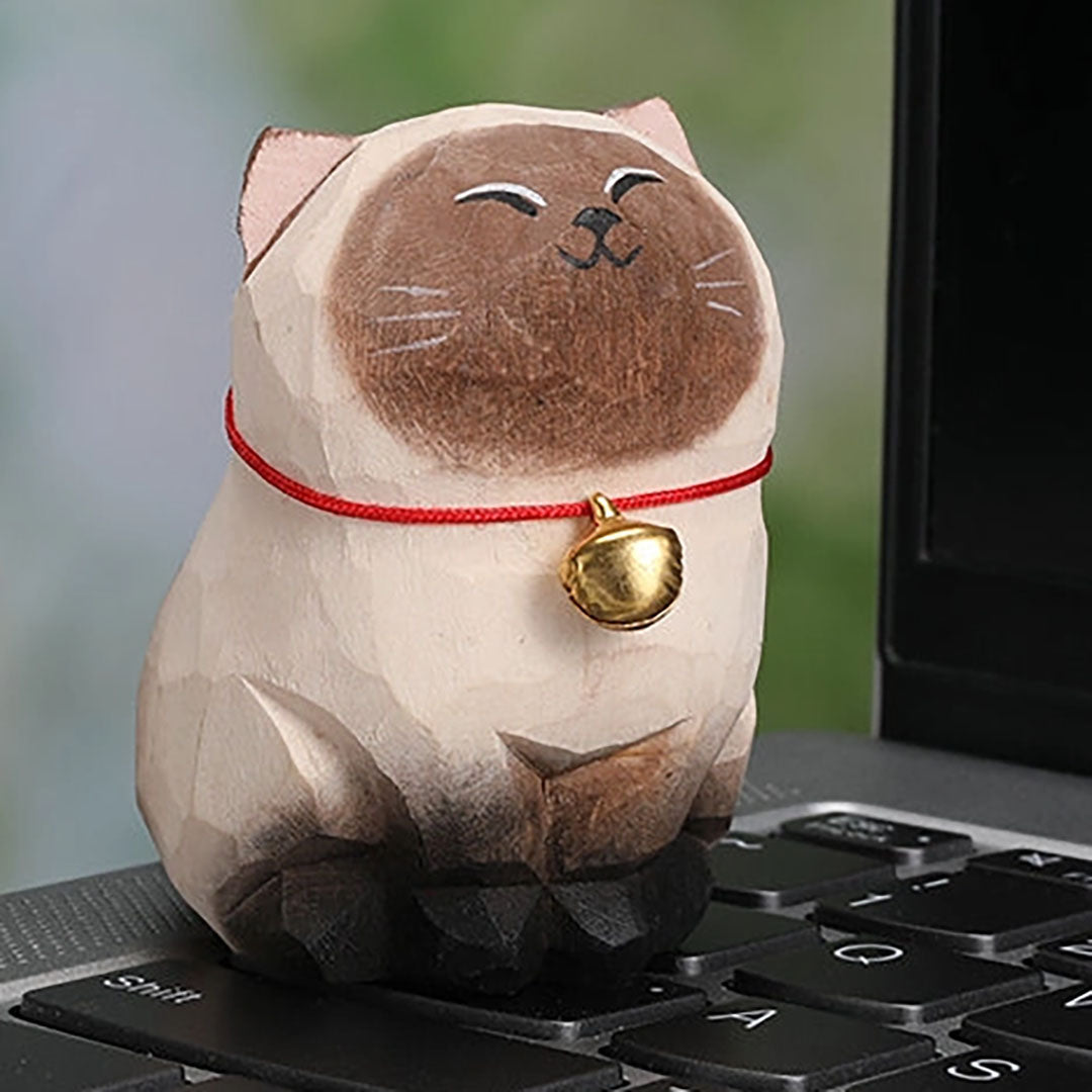 Handmade Wooden Animal- Siamese Cat with Bell