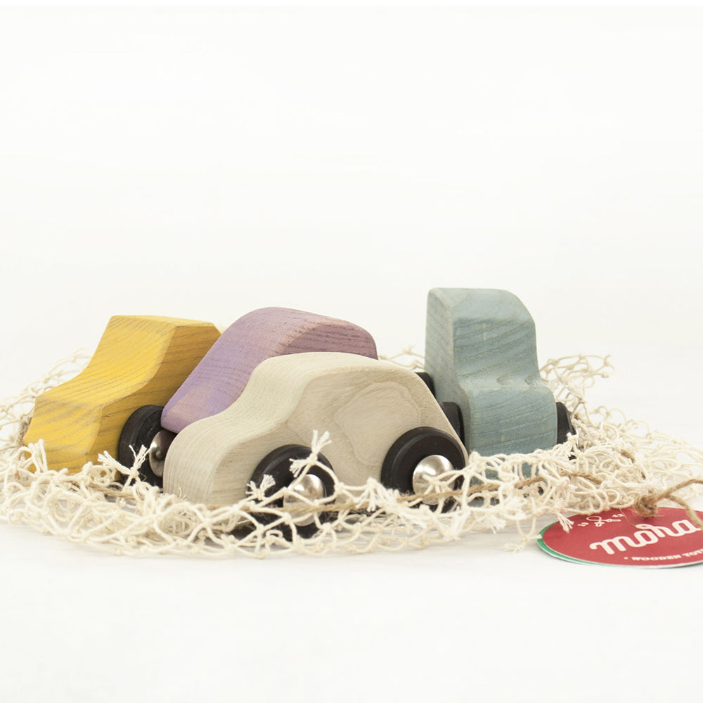 Handmade Wooden Iconic Cars Set with Mesh Bag