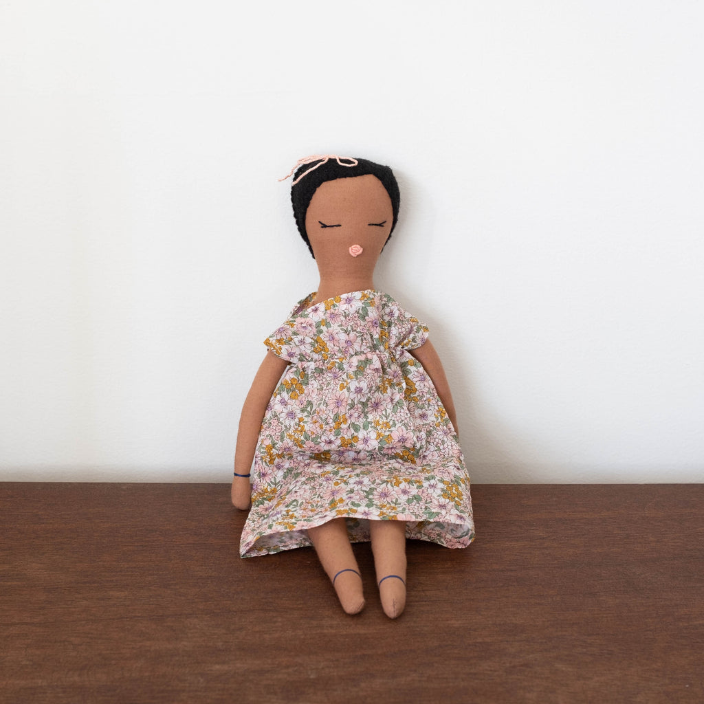 Flora - Petite Handmade Cloth Doll in Pastel Floral Dress (Dark