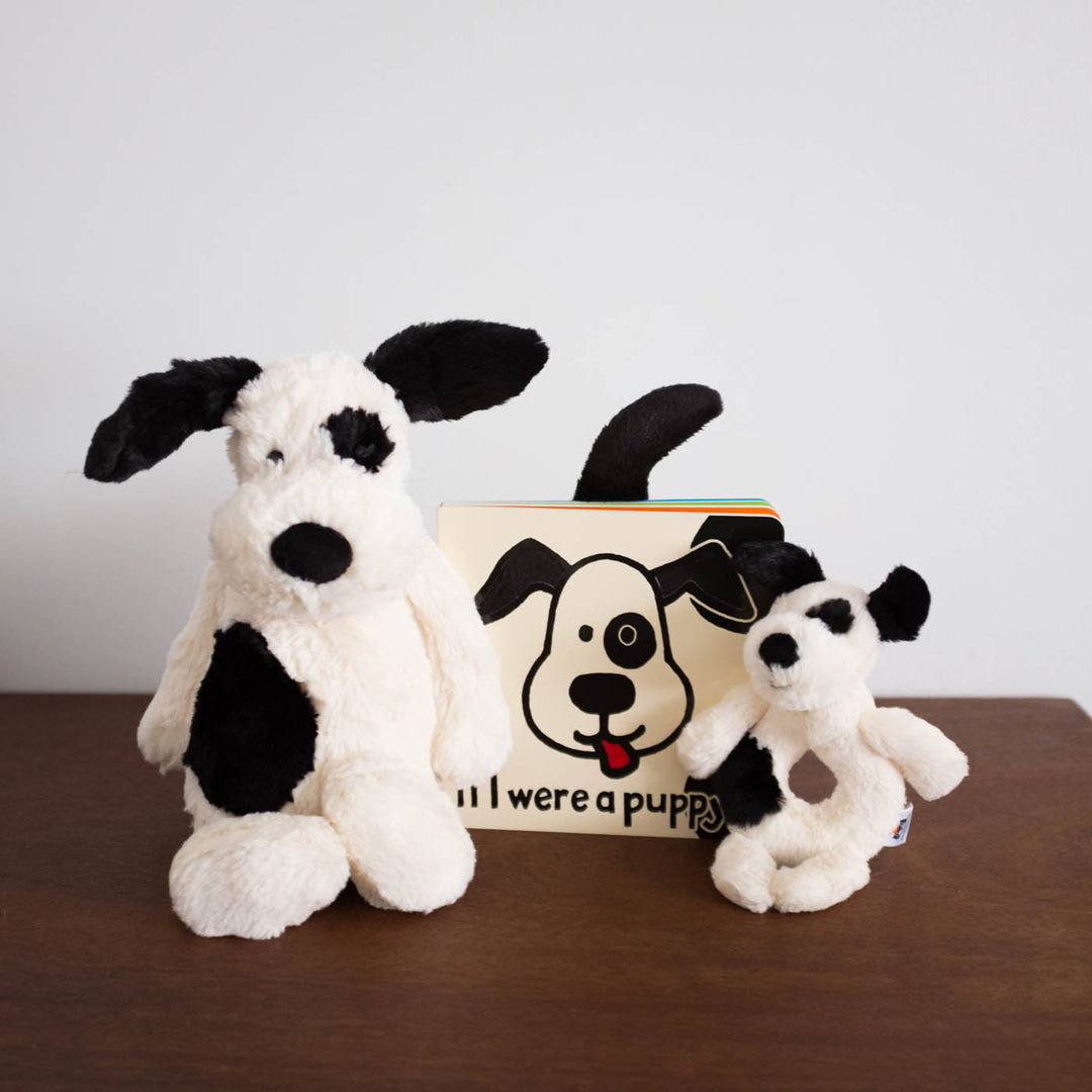 Bashful Black and Cream Puppy Rattle