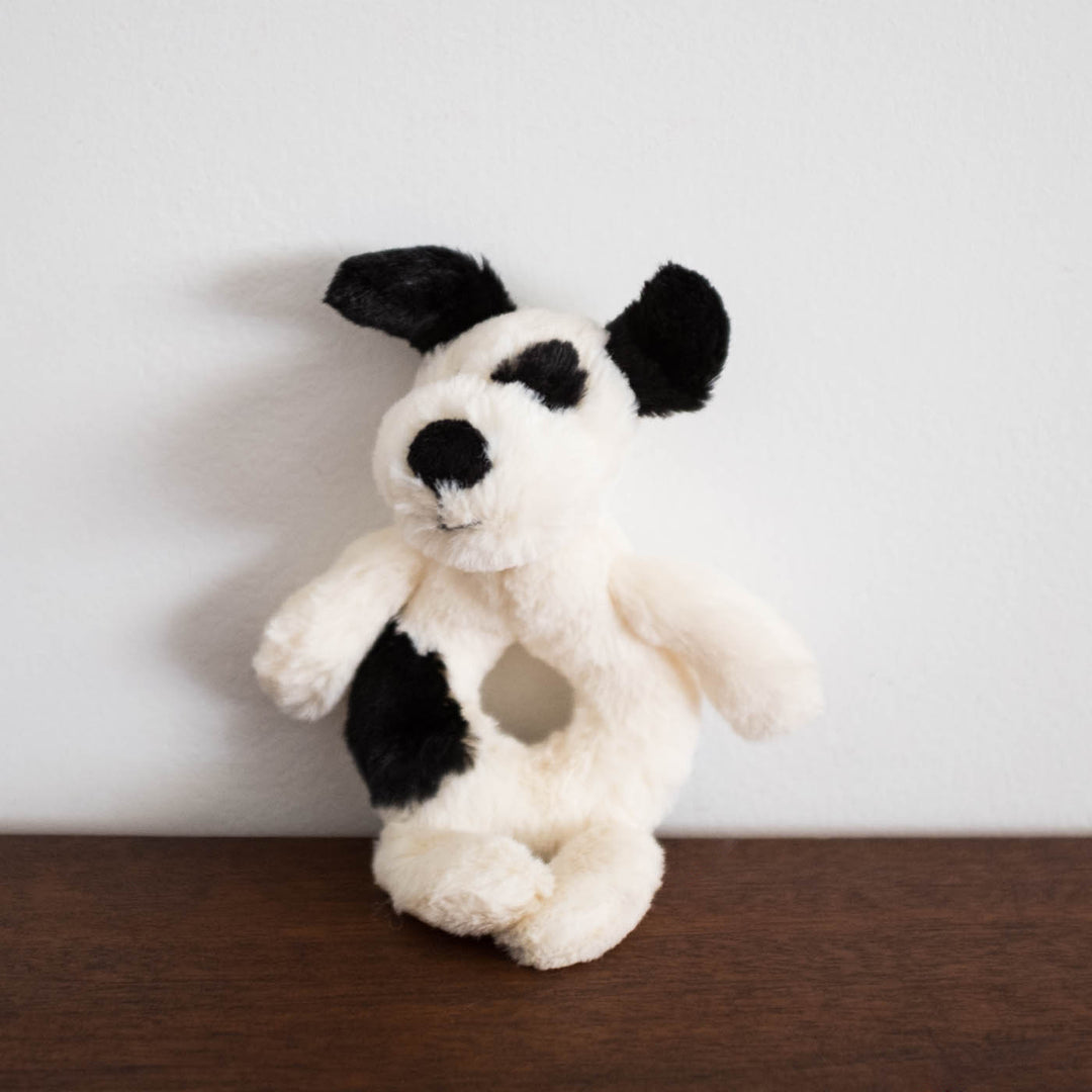 Bashful Black and Cream Puppy Rattle