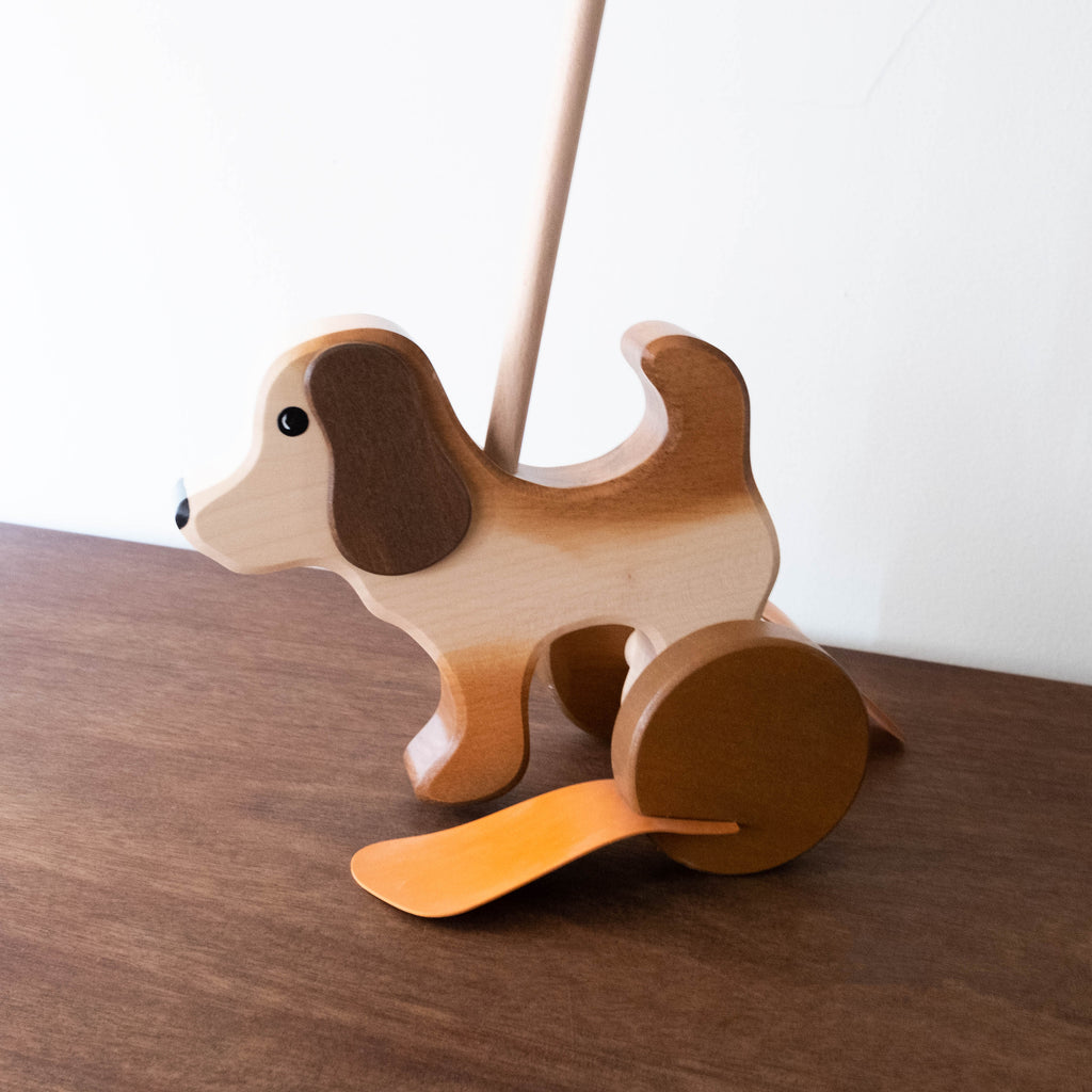 Handmade Wooden Push Toy- Brown Dog