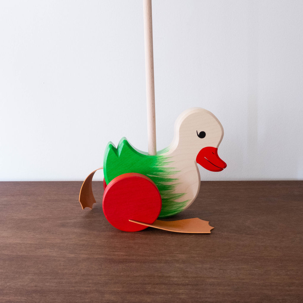 Handmade Wooden Push Duck Toy- Green